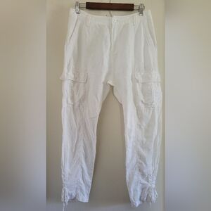 Joie White 100% Linen Lagenlook Boho Relaxed Lace Up Tapered Ankle Cargo Pants 4